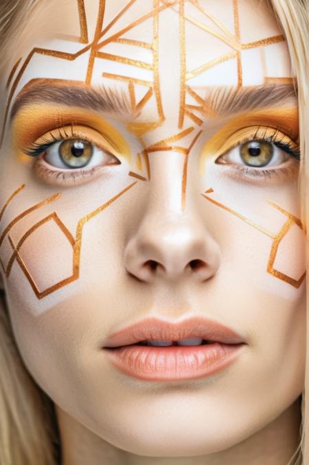 portrait photo of an 20 years old european blonde haired woman, style \(artistic makeup with geometric lines and circles\), 8k, uhd, realistic, detailed skin, insane detailed, Illumination daylight, , <lora:makeup_050_cosine_iter2_ 0001_sdxl_deamon_10epoches_adafactor-step00008200:0.8>