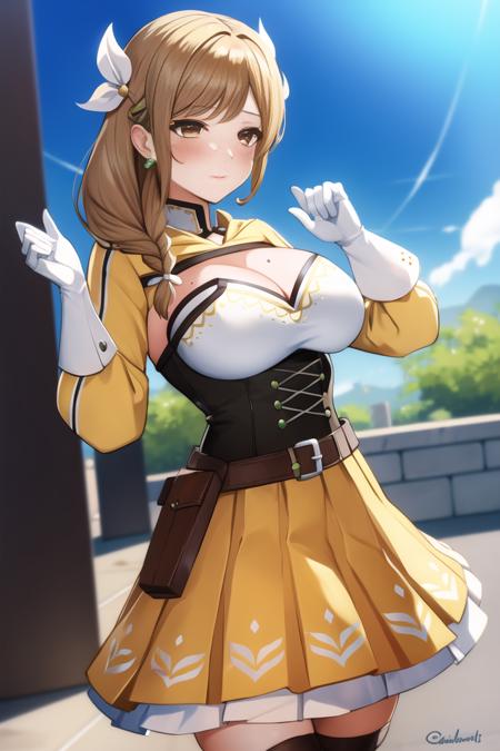 <lora:goldmaryfe:0.7> goldmary, goldmarydefault, hair ornament, cleavage, gloves, braid, white gloves, blush, earrings, skirt, jewelry, belt, single braid.