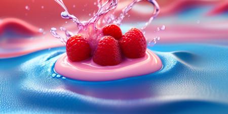 (Liquid Splash, Fluid Art:1.4) Raspberry Ripple: A vibrant raspberry plunges into a creamy sea, the rich, velvety cream rippling around the fruit in soft waves. This sensory delight is crafted using Cinema 4D's fluid simulation, capturing the harmonious interplay of (fruit:1.33) and cream. The final render, refined using Gamma Correction and Tone Mapping, pays homage to the artistic styles of Alex Roman and Beeple.(RENDER512:1.3)