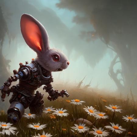 Low angle close up shot of a rusty, broken robot rabbit overgrown with daisies . Art by smoose2