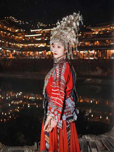 open eyes,smile,huge breasts,red theme,miaozu, Hmong, 1girl, solo, long sleeves, photo background, black hair, looking at viewer, hat, bangs, blurry background, outdoors, long hair, cowboy shot, skirt, blurry, 
(High quality, Superb lighting, Highly detailed, Sharp focus, 8K UHD, masterpiece art),<lora:XL_miaohong:1>,