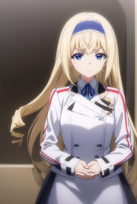 ceciliaalcott, <lora:cecilia alcott s2-lora-nochekaiser:1>,
cecilia alcott, long hair, blue eyes, blonde hair, hairband, drill hair, blue hairband,
BREAK school uniform, ribbon, blue ribbon, long sleeves, (red trim:1.2), uniform, military uniform, (white military uniform:1.5),
BREAK indoors, classroom,
BREAK looking at viewer, (cowboy shot:1.5),
BREAK <lyco:GoodHands-beta2:1>, (masterpiece:1.2), best quality, high resolution, unity 8k wallpaper, (illustration:0.8), (beautiful detailed eyes:1.6), extremely detailed face, perfect lighting, extremely detailed CG, (perfect hands, perfect anatomy),