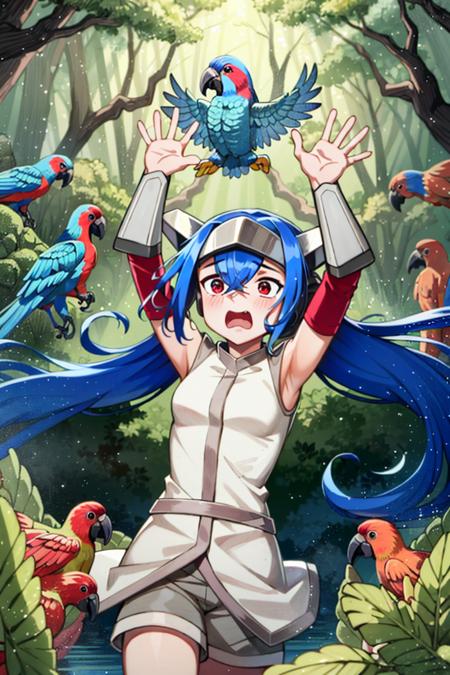 <lora:Lea:1>, leaCode, 1girl, solo, red eyes, (ponytail), pauldrons, grey shorts, detached red sleeves, bracers, parrots, swarm of parrots, surrounded by parrots, fleeing, scared, (jungle), arms up, screaming, wavy mouth, wavy eyes, <lora:classicAnime_v10:0.6>, >_<, masterpiece, best quality,