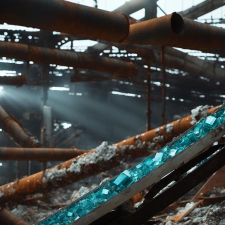 cinematic captivating photo of las040 rubble, rusted metal pipes, wires, broken glass, bokeh, ultra wide shot from above and angled from the side, off center, 4k, uhd, soft low light, dark sky, foggy, sun rays