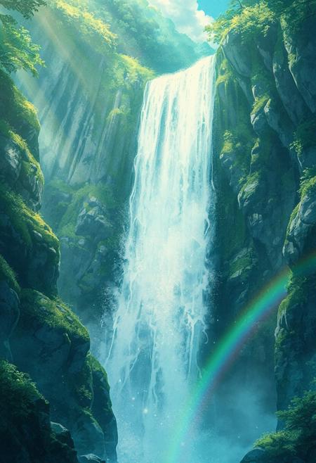 Vertical 9:16 cinematic anime scene, majestic waterfall cascading over ancient mossy cliffs, shimmering droplets catching sunlight, mist dancing in slow motion, rainbow faintly visible near the spray, lush jungle background, pastel emerald and aquamarine palette, ultra-detailed anime watercolor style, dreamlike and powerful.
Inspired by: Children Who Chase Lost Voices