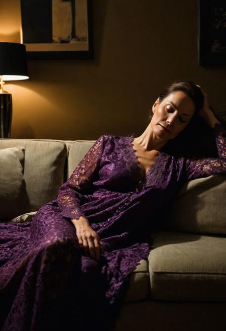 A sneaky distance creepshot covert photography portrait of a beautiful 45yr old Caucasians mother sleep on the sofa at dark dim light living room at midnight taken by amateur paparazzi, {{symmetrical oval face firm mouth highly detailed, enormous breast size, narrow waist thick hips,cherry ass, brunette, tempt}}, {{wearing slighly revealing purple lace nightgown}} {{ at midnight, dim light}}
