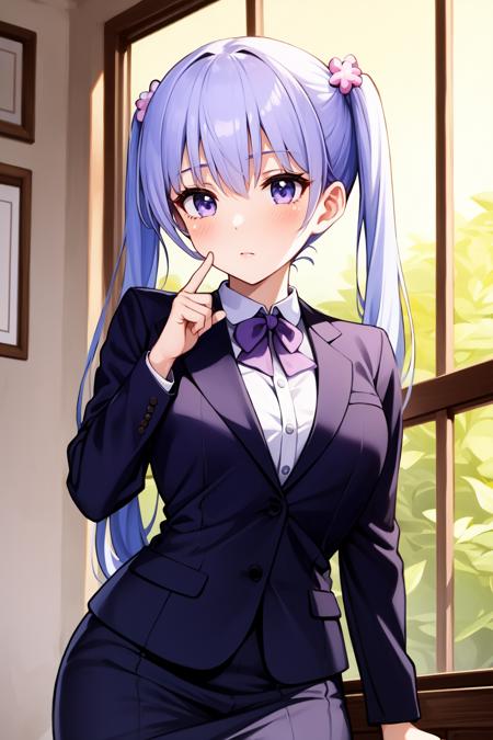 suzukaze aoba, 1girl, hair ornament, suit, twintails, bow, purple hair, purple bow suzukaze aoba, 1girl, hair ornament, school uniform, cardigan, twintails, purple hair, black bowtie suzukaze aoba, 1girl, gym shirt, buruma, hair ornament, twintails, purple hair