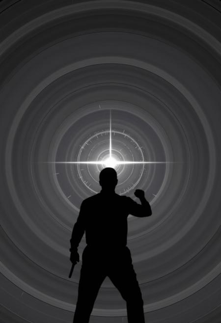 A chrome and silver beam hitting a human 100 metres away. The beam is about 1 metre thick and surrounded by multiple concentric grey and white circles of varying diameter. The target is silhouetted and is in an action hero pose