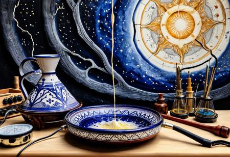 high_quality, highres, detailed_eyes, detailed, masterpiece, best quality, absurdres, 8k, HDR, face_focus, staggering beauty, epic composition, cinematic. Ink drawing with splashed watercolor.
Tagine on the lab table of a crazy scientist, with instruments connected and cables coming out. 
contrasting colors, living shapes, and beautiful curving, graceful, intricately carved, majestic, convoluted, unbelievably detailed tracery, part of it solid with thin white intricate veins reminiscent of kintsugi, the other part melting into streams of powerful matter glowing cracks, soft lighting, surreal environment, ultra detailed textures, contrast between sections, ethereal beauty, fantasy aesthetic, backdrop of ominous night. The scene conveys innocent carnality.
