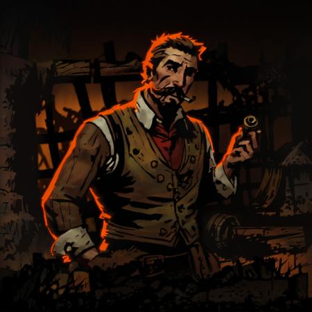 portrait, impressionistic painting by John Longstaff, DarkestDungeon, (DDAreaWarrens, DDHeroAfflicted, glowing, (thatch hut, shipwreck), red sky, sewer grate), 1boy, seen from the side, brown moustache, smoking a pipe, wearing leather backpack, bag in front of him, telescope strapped to his vest, wearing bag with diagonal strap, wearing white sweater-vest, holding dagger, wooden cart and wooden barrels in the background, (extremely dark), (rimlight, intense highlight, bright light behind him), masterpiece, best quality, cinematic composition, vibrant, best lighting