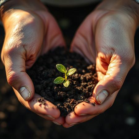 Gentle cupped hands holding rich, dark soil with a delicate green seedling emerging, tiny tender leaves unfurling, soft natural lighting creating a warm glow, shallow depth of field focusing on the fragile plant, hands positioned as if protecting and nurturing the young life, fine details visible in the soil texture and delicate leaf veins, symbolic of hope and new beginnings, serene and peaceful atmosphere, macro photography style, golden hour lighting, earth tones with vibrant green contrast, 
Morning dew droplets on the leaves,Soft sunbeams filtering through, 
Weathered, caring hands,