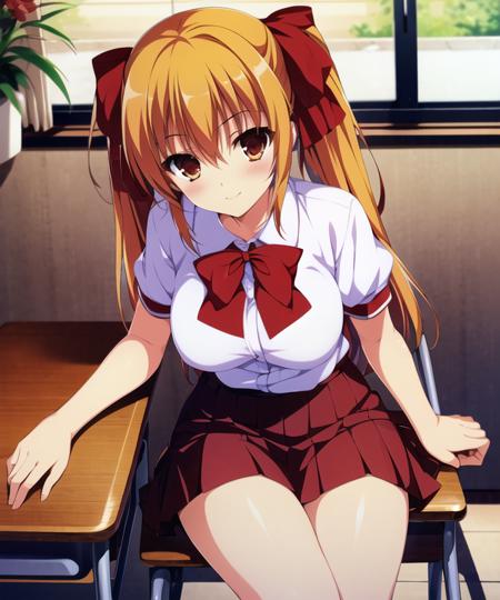 rating:safe, 1girl, classroom, blurry, desk, solo, twintails, school desk, depth of field, skirt, sitting, blurry background, school chair, school uniform, long hair, indoors, smile, looking at viewer, red ribbon, short sleeves, on desk, chair, blonde hair, ribbon, red skirt, breasts, pleated skirt, medium breasts, sitting on desk, brown eyes, orange eyes, bangs, window, eyebrows visible through hair, shirt, closed mouth, miniskirt, puffy short sleeves, blush, blurry foreground, hair between eyes, chalkboard, puffy sleeves, white shirt, very long hair, red neckwear, bow, hair ribbon, neck ribbon, school, table, red bow, arm support, OmaHimaStyle, <lora:OmaHimaStyle:0.8>