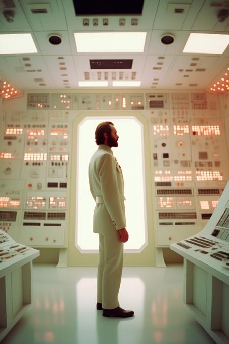 <lora:Director Stanley Kubrick style:1>Director Stanley Kubrick style - frontal view of a soviet control room, person with clean suit standing inside,dominating color is white and pastel white, 80s analog computer,several lit buttons, space odyssey inspired,wes cold office lighting,rear half lighting, kodak portra 400 film,film grain,mega pixel, super detailed,bokeh,chromatic abberation,cinematic,rtx on,lens flares, photorealistic, wide-angle,highly detailed,hyperrealistic, 8k