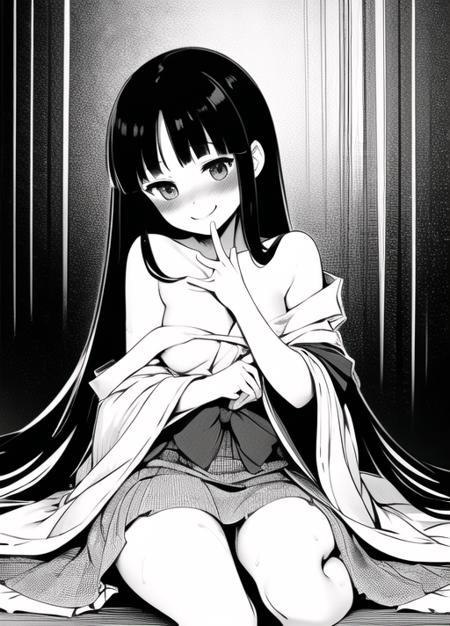 <lora:tomoki:0.7>, nsfw, tt, 1girl, greyscale, monochrome, long hair, solo, houraisan kaguya, smile, blush, sitting, very long hair, off shoulder, looking at viewer, strap slip, skirt, bare shoulders, finger to mouth