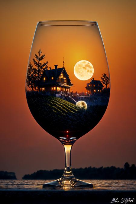 (Wine glass:1.3), wine, masterpiece, best quality, nature background, art, nature landscape, night, sun, moon, mini house, best quality, ultra realistic, <lora:WineGlass_Sora:0.7>, (style of Bob Eggleton:1.3)
(masterpiece, best quality:1.5), 
Shrug, Wine cellar, at Golden hour, \Rin Tohsaka(Fate/Stay Night)