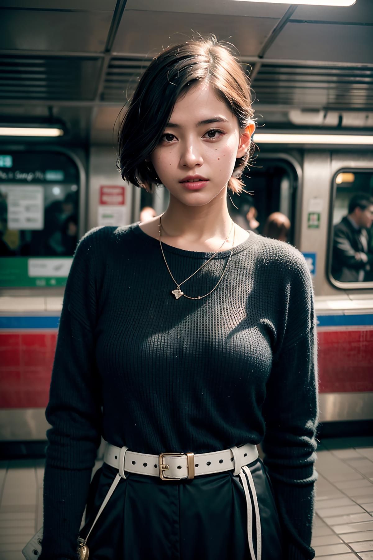 A woman with short hair, a nose ring, and a gold chain necklace standing on a subway train.