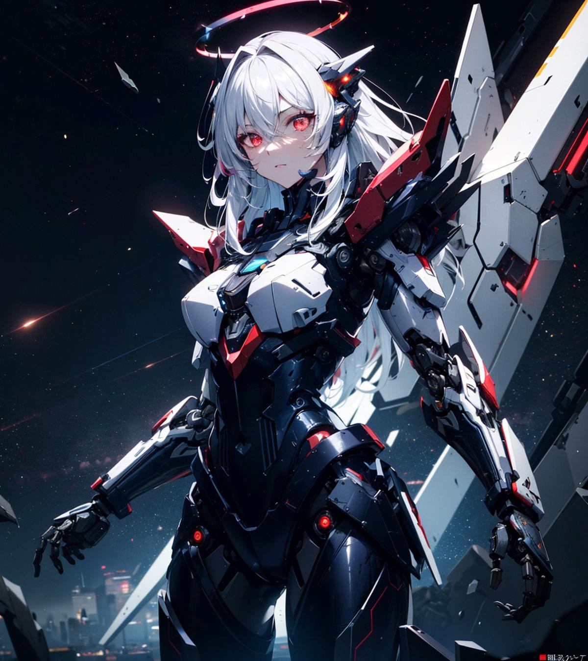 Anime-style robotic woman in black and white armor with red eyes.