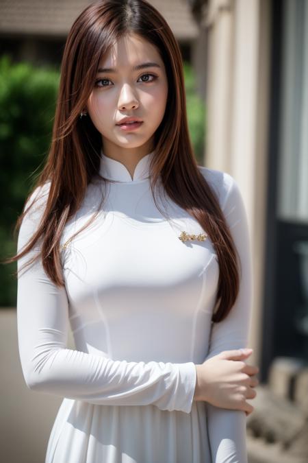 1girl, aodai  <lora:aodai_white_SD_chiasedamme_v01:0.6>, (upper body) masterpiece,ultra realistic,32k,extremely detailed CG unity 8k wallpaper, best quality