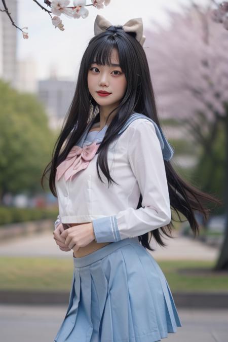 ltra-detailed,highly detailed,best quality,masterpiece,illustration,realistic,photorealistic,
hutao, solo, 1girl, cosplay, 
school uniform, sailor collar, serafuku, long sleeves, bowtie, pleated skirt, midriff peek, 
long hair, bangs, hair bow, 
looking at viewer, cowboy shot, standing, 
outdoors, day, photo background, grass, park,cherry blossoms, falling petals, wind,
 <lora:hutao_jk_v1_03:0.7>