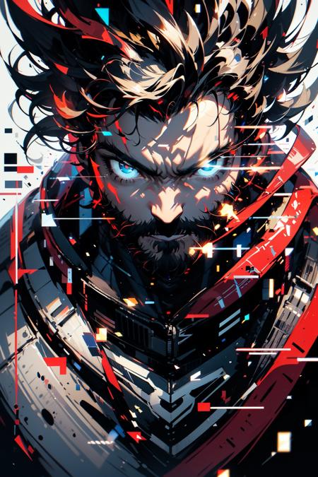 bj_Fault art,Wolverine,solo,Short hair,blue eyes,1boy,male_focus,glowing,animification,glowing eyes,spiked hair,glitch,
cinematic lighting,strong contrast,high level of detail,Best quality,masterpiece,White background,<lora:Fault_art:0.7>,