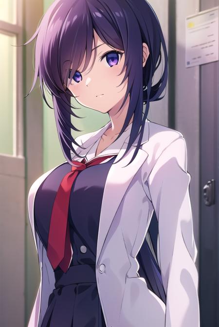 miokunosato, <lyco:miokunosato-LYCORIStest:1>,
mio kunosato, long hair, black hair, very long hair, (purple eyes:1.1), ponytail,
BREAK school uniform, necktie, labcoat,
BREAK looking at viewer, hands behind head,
BREAK indoors, classroom,
BREAK <lora:GoodHands-vanilla:1>, (masterpiece:1.2), best quality, high resolution, unity 8k wallpaper, (illustration:0.8), (beautiful detailed eyes:1.6), extremely detailed face, perfect lighting, extremely detailed CG, (perfect hands, perfect anatomy),