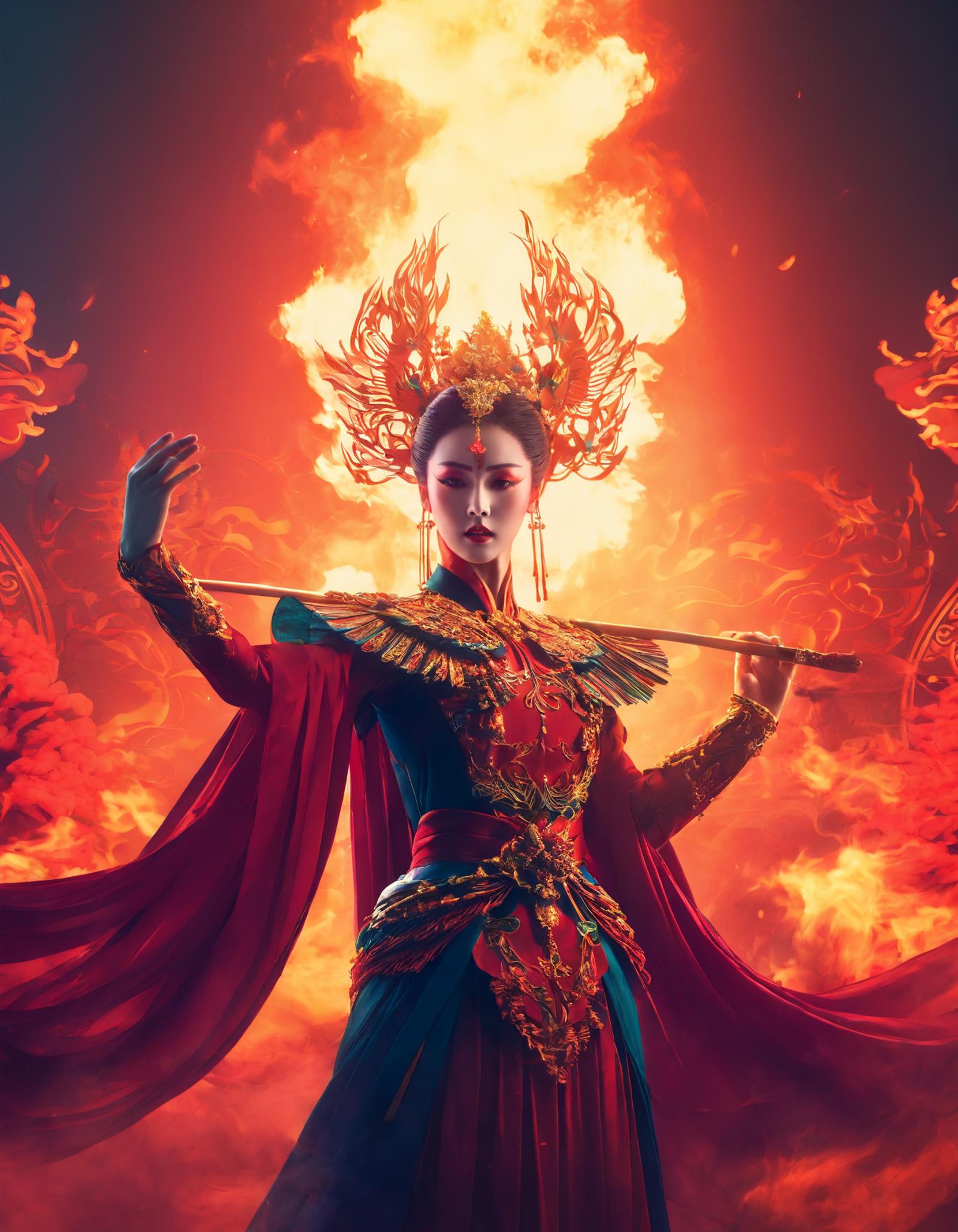 concept art A Chinese female Opera playing short spears and wearing a Peking Opera mask,fire,fog, primary style, radiant l...