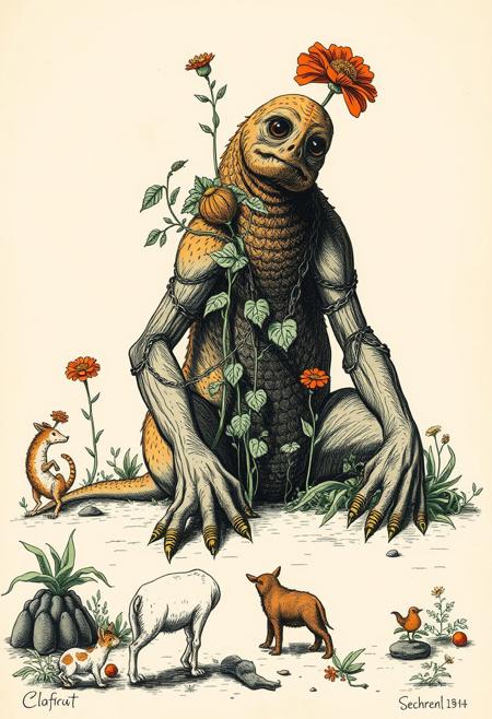 A screen print artwork in a green and orange bichromy. Inkstyle old engraving, paper texture, chained giant creature sitting looking down, plants and flower growing up in his body, curious animals sniffing near,