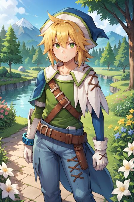 crdef, 1boy, green eyes, blonde hair, medium hair, hat, blue headwear, asymmetrical clothes, cross-laced clothes, side cape, white side cape, white gloves, mismatched sleeves, green sleeve, blue sleeve, blue bracelet, green shirt, baggy blue pants, belt, shoulder belt, black socks, white boots,