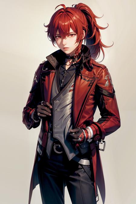 masterpiece, best quality,  <lora:diluc-3:1>,1boy, long hair,ponytail,sidelocks, red hair,red eyes, choker,jewelry,gloves, black pants, belt, long sleeves, vest, coat, shirt, grey background, cowboy shot, upper body,