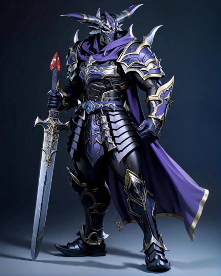 ASCII<lora:3DMM_V7:0.5> 3DMM <lora:final_fantasy_Garland-000008:0.7> The central figure is a large, armored figure with horns and a cape. The cape is purple on the inside and black on the outside, and the (figure is holding a sword in its right hand.) The figure stands tall and imposing, adorned in intricately designed armor that glimmers with an otherworldly sheen. The horns on its head curl gracefully, adding to its aura of power. Its eyes glow with an intense, fiery light, reflecting its unwavering determination. As the figure raises its sword, the air around it crackles with energy, creating a dazzling display of sparks that dance in the darkness. The sword itself is a masterpiece, with a blade that glows with a pulsating blue light, hinting at its formidable magical properties. The figure?s armored presence commands attention and respect, a symbol of strength and unwavering resolve in the face of adversity.