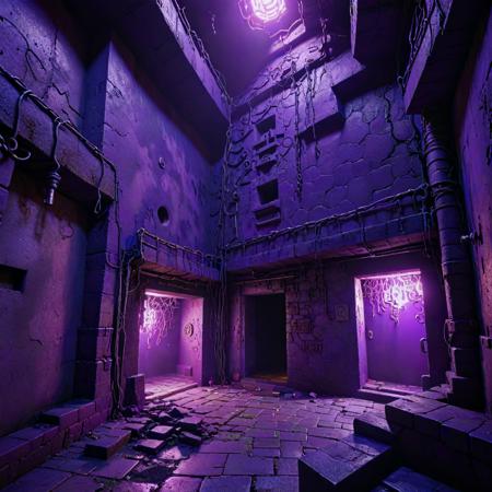 (stylized by theCHAMBA:0.9) , anime key visual, surreal, modelshoot style shot of a ("The Dungeon of Evil":1.3) , it is very Margins Art and Curly, dense cityscape and indoors, Foggy conditions, Panorama, Relieving, Duckcore, Sun Rays, 50mm, psychedelic colors, Dufaycolor Photograph, fluorescent purple paint splotches, Best quality, extremely detailed CG Unity 8k wallpaper