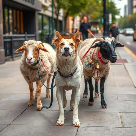 lovely dog leading three sheep by leashes attached to their necks, dog holds leashes in his mouth, on city sidewalk