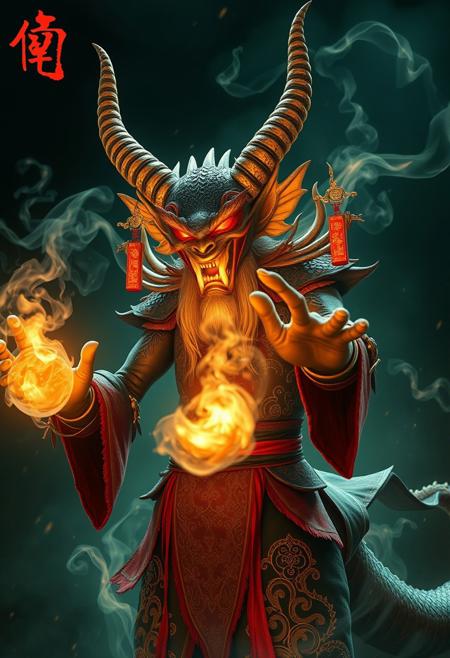 A photo realistic evil Chinese mythological demon creature casting spells with glowing magical chines symbols