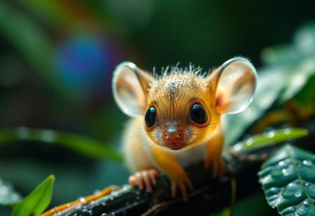 furry little translucent mammal in a rain forest zoomed in, rainbow of light reflection off dew, green and vivid colors, wild fog, large eyes, transparent body