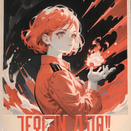 CCCPposter, sovietposter,soviet poster, soviet,red monochrome, front_view, 1girl, solo, anger, beautiful_face,snow, storm, holding_flame,(dark clouds),upper body, red_star, hammer and sickle