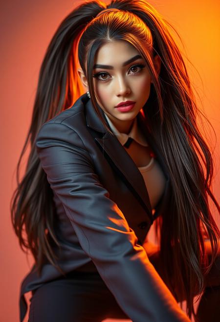photograph,1girl,hip-hop style suit,High ponytail,incredibly long hair,cowgirl pose,looking at the viewer,Leaning forward,by Santiago Caruso,by Mike Azevedo,detailed eyes,detailed lips,extremely detailed face,long eyelashes,dynamic pose,showy,vibrant colors,warm lighting