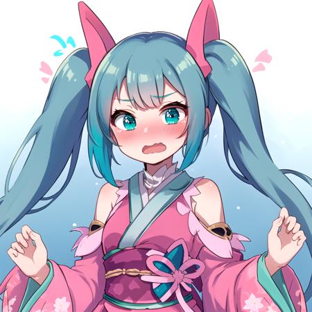 CaphenyAOV,1girl,aqua eyes,aqua hair, twintails, japanese clothes, kimono, sash, obi, short kimono, hair ornament,white legwear,wide sleeves,socks, pink dress, flower, <lora:Capheny:0.6>, upper body, potrait, <lora:ArsEmbarrassed-t5:0.7>,full-face blush, o_o,embarrassed, open mouth