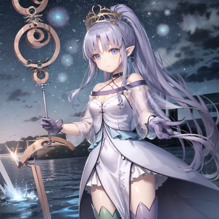 Medea_Lily a close up view showing a character  with long blue hair, 1girl, solo, pointy ears, long hair, gloves, thighhighs, blue eyes, staff, ponytail, dress,