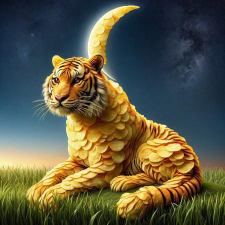 p1nkch1ps, score_9, score_8_up, score_7_up, score_6_up, score_5_up, score_4_up score_9,score_8_up, Tiger made out of potato chips on a Grass Plains by Crescent Moon