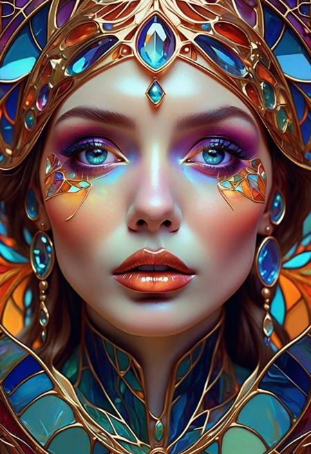 Gemstone-faced beauty in detailed closeup, Intricate facets reflecting vibrant hues, Strikingly expressive eyes and lips animated with motion lines, Rich jewel tones radiating from skin, Art Nouveau style echoing Anna Ancher's aesthetics, Flat yet textured illustration design reminiscent of poster art, High contrast color palette, Bold outlines accentuating gemstone structure, Enhanced by subtle iridescence and luminescence, DeviantArt platform, Influenced by Alphonse Mucha's elegance.