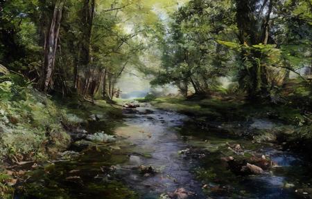 forest, sunlight, creek, water, pebbles, SHISHKIN, bush, grass, best quality, ultra_detailed, landscape, <lora:SHISHKIN(LANDSCAPE)_V1-000001:1>, oil painting, scenery