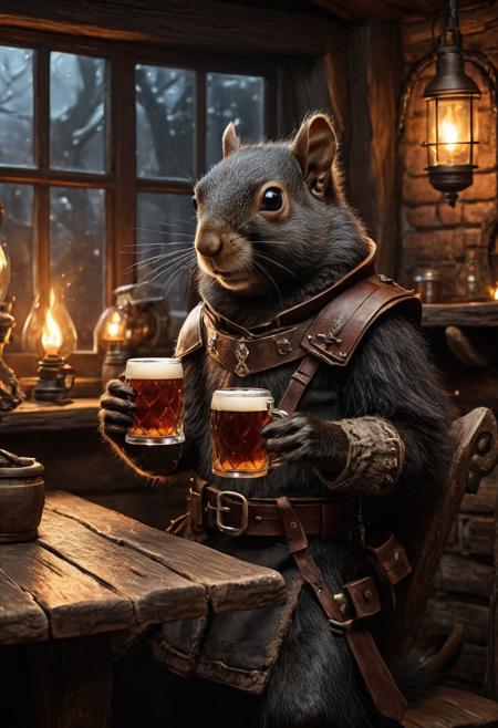 fantasy anthropomorphic a black-squirrel warrior in dark tavern holding a pint of ale in a cozy environment with gas lamps rustic wood warm brick fireplace and frosted glass windows