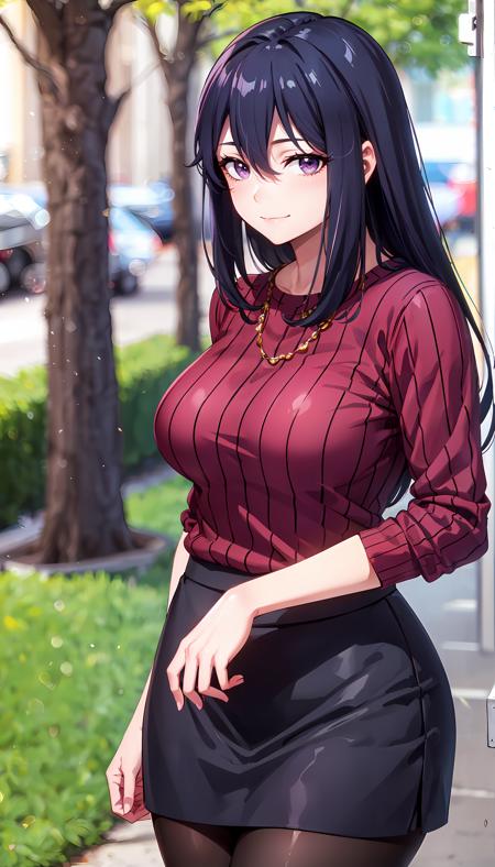 long hair black hair purple sweater purple eyes black skirt hair between eyes pantyhose