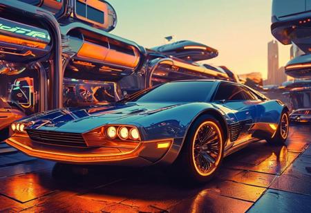 ((70's retrofutursim with Syd Mead art style)), psychedelic world 70's collide with a futuristic vision. a fusion of Vasarely art, Bertone concept vehicles, and sleek architecture, iconic art style of Syd Mead.  blend of retro aesthetics and futuristic utopia, monorail, a unique realm that is both nostalgic and visionary, futuristic flying car, Blade Runner spinner, evening blue light, sunset, fountains, glowing windows, blue lights,