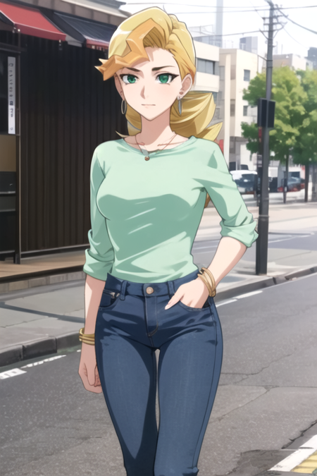 YokoSakaki, 1girl, solo, long hair, blonde hair, green shirt, jewelry, medium breasts, green eyes, earrings, denim pants, necklace, bracelet, jeans, 