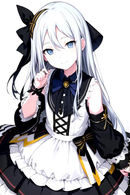 <lora:Kanade3rd-07:0.8>,kanade3rd, looking at viewer, smile, shirt, long sleeves, dress, bow, closed mouth, sleeveless, hand up, black bow, sleeveless dress, aged down, child, green dress, female child