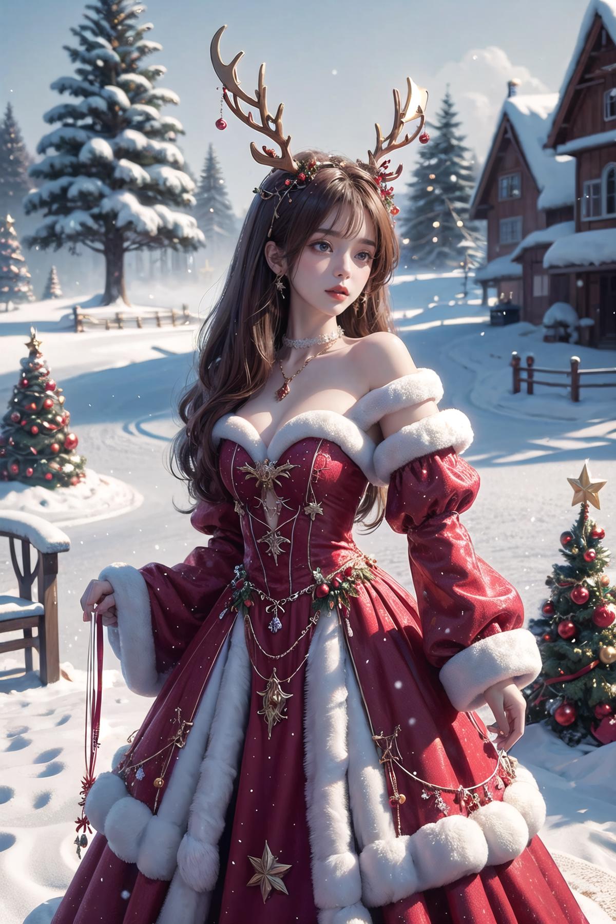 A 3D animated image of a woman in a Santa dress standing in the snow.