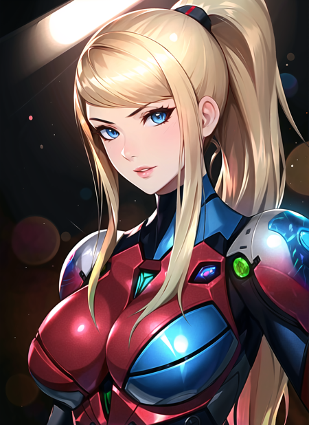 zeronis, 1girl, blonde hair, blue eyes, bodysuit, breasts, carrying,  headwear removed, helmet, helmet removed, large breasts, lens flare, lips, metroid, nintendo, ponytail, samus aran, solo, zero suit, ((masterpiece))  <lora:zeronis_offset:1>