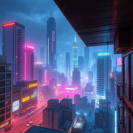 Cyberpunk city, retrowave, building ledge, megalopolis city in the background, tall buildings,