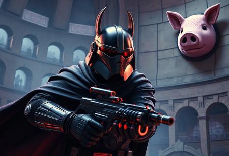 Star Wars bounty hunter, "Golgoil the Steel Seismic Smasher", Colosseum-Cage backdrop, black helmet, red visor, black cape, blaster rifle, dynamic action pose. Pink pig's head mounted on wall. Cinematic, dramatic lighting, Octane Render, Unreal Engine 5 pro, Raphael style, splash ink illustration, CGSociety, trending on ArtstationHQ, golden ratio. 4k, hyperdetailed face, vivid colors, matte painting, impeccable composition, attractive background, balanced editing.